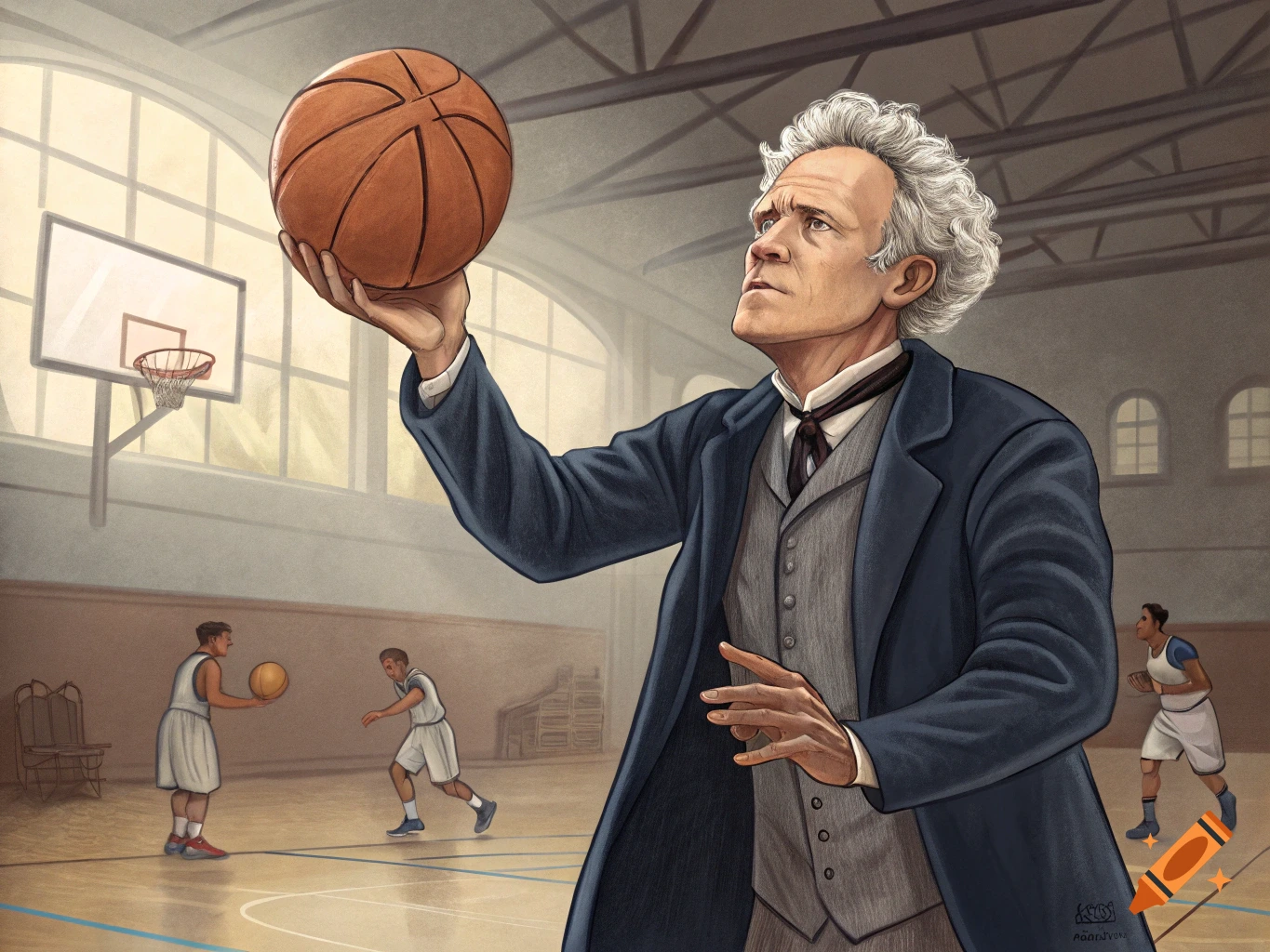 Illustration of Arthur Schopenhauer in a suit coat holding a basketball in a gymnasium with other players.