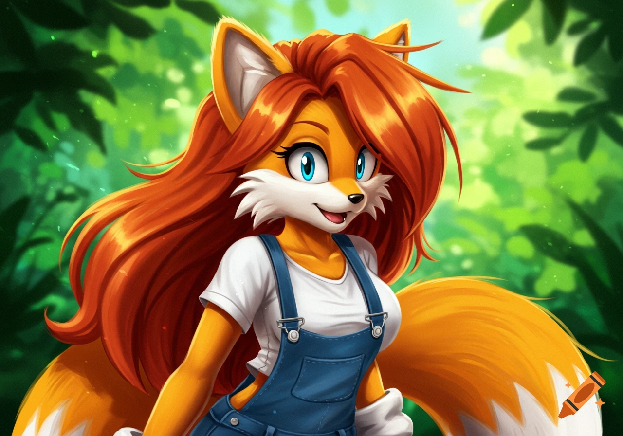 Cartoon anthro fox woman with long orange hair and overalls in a forest.