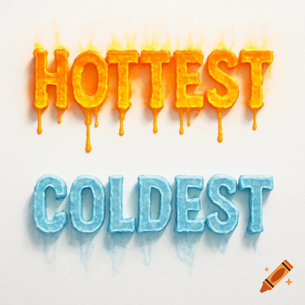 The word HOTTEST rendered in fiery, melting orange 3D text above the word COLDEST rendered in icy blue 3D text on a white background.