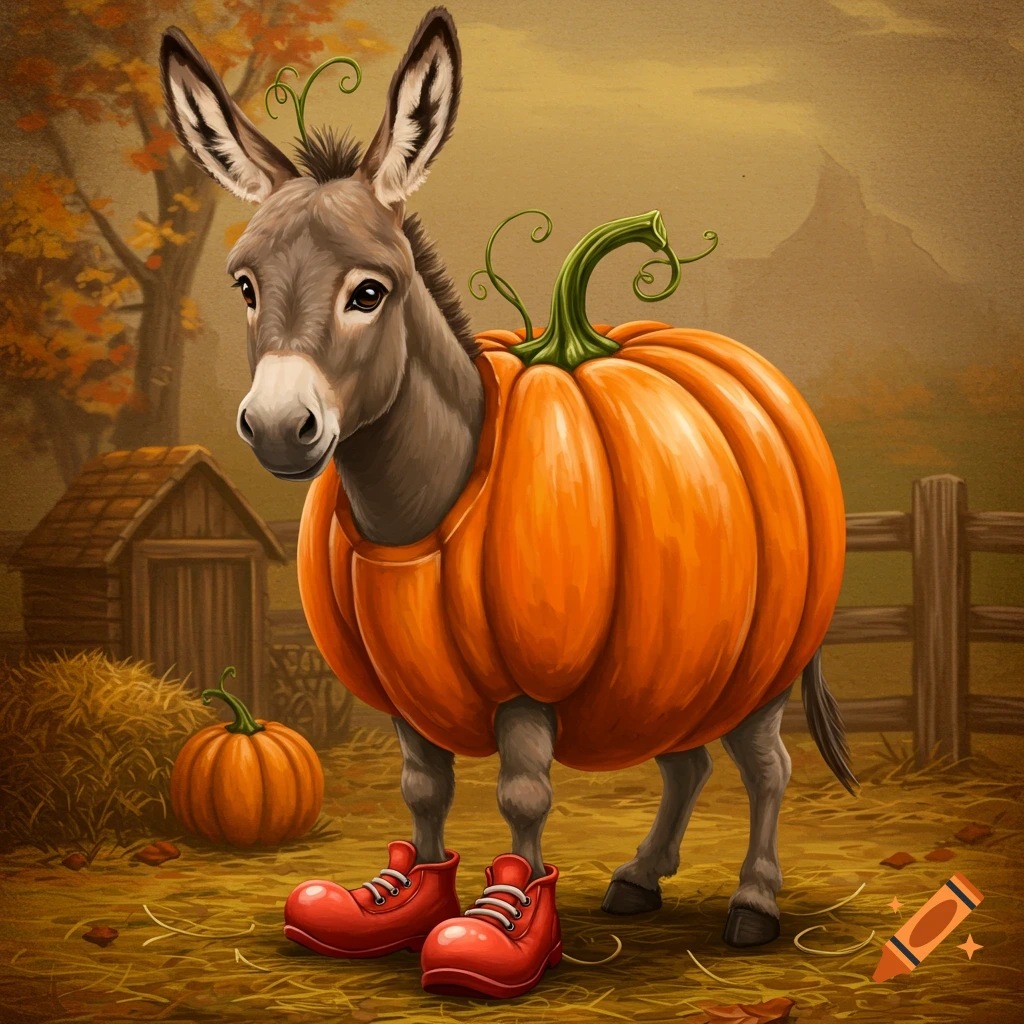 A donkey dressed in a pumpkin costume and oversized red shoes stands in a fall setting.