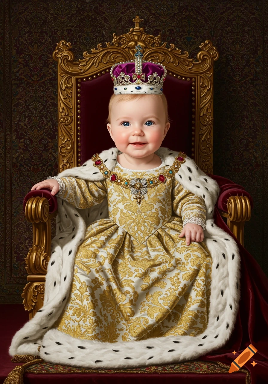 A baby in royal robes and a crown sits on a golden throne.