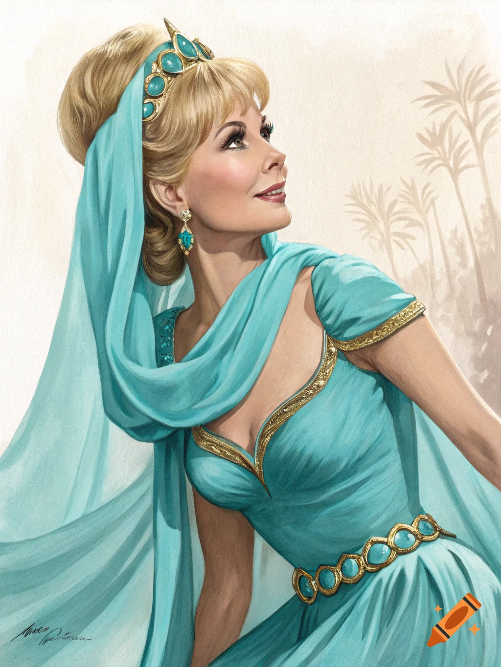 Portrait of Barbara Eden as Jeannie from I Dream of Jeannie in a blue costume with jeweled headpiece.