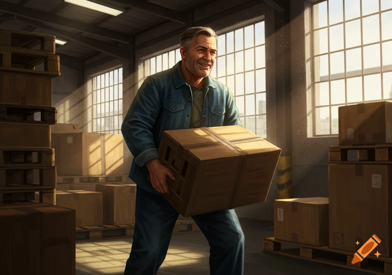 A man in a denim jacket carries a large box through a sunny warehouse.