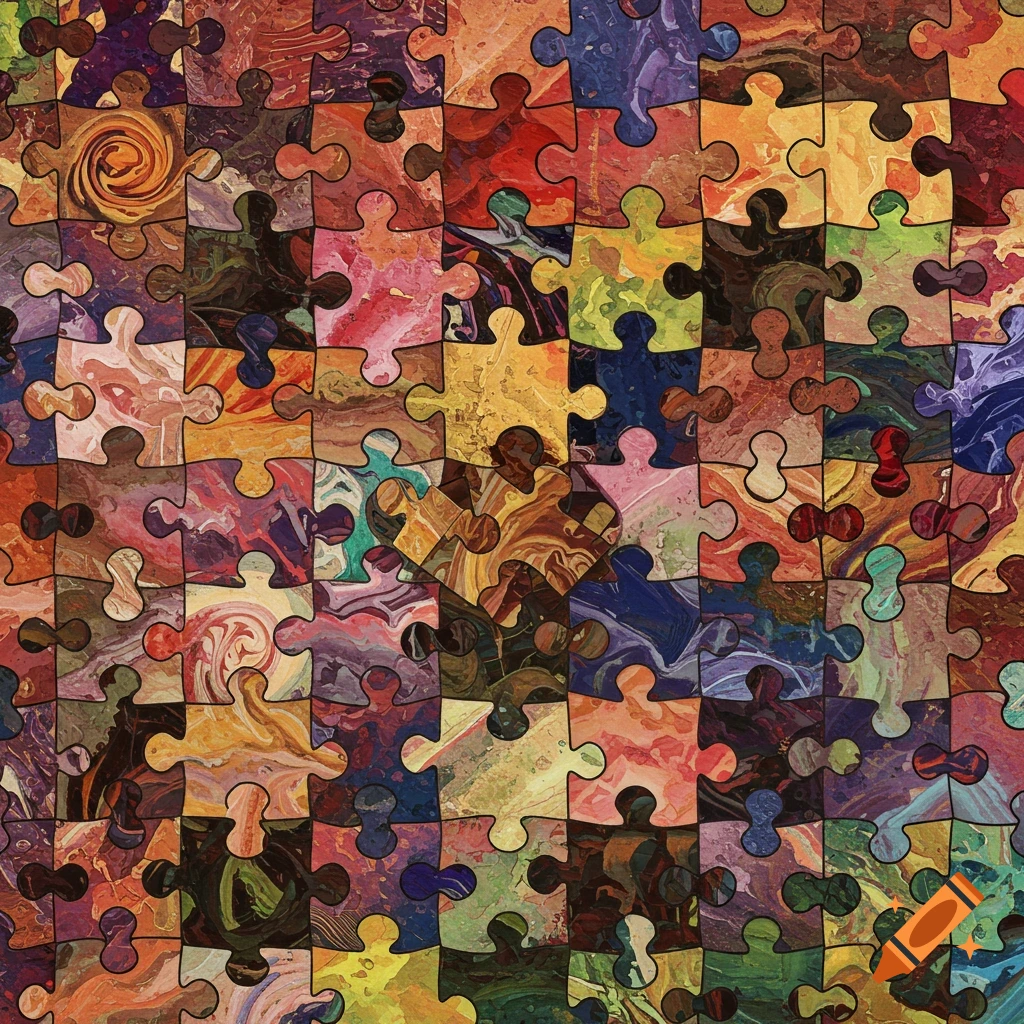 A close-up view of many colorful puzzle pieces fitted together, each piece containing abstract textures.