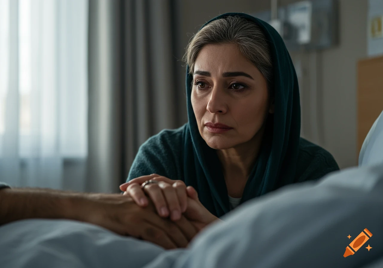 A sad woman in a headscarf holds a man's hand in a hospital bed, dramatic lighting.