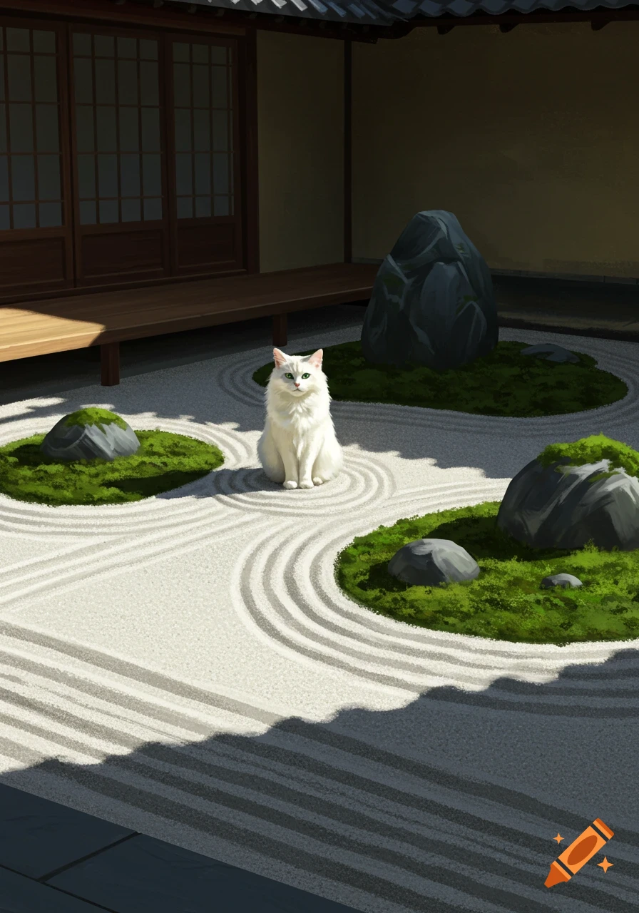 A white cat sits in a zen garden with raked sand, rocks, and moss in an illustration.