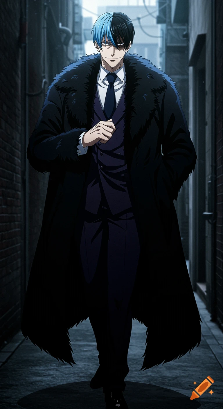 An anime man with split blue and black hair wearing a suit and a black fluffy coat stands in a dark alley.