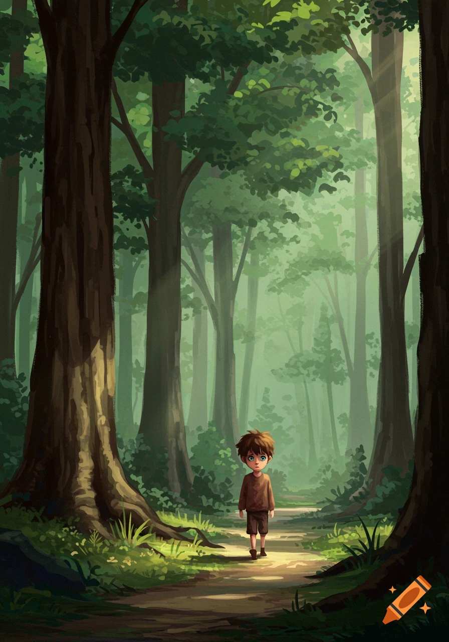 Illustration of a boy walking on a path through a misty, sunlit forest.