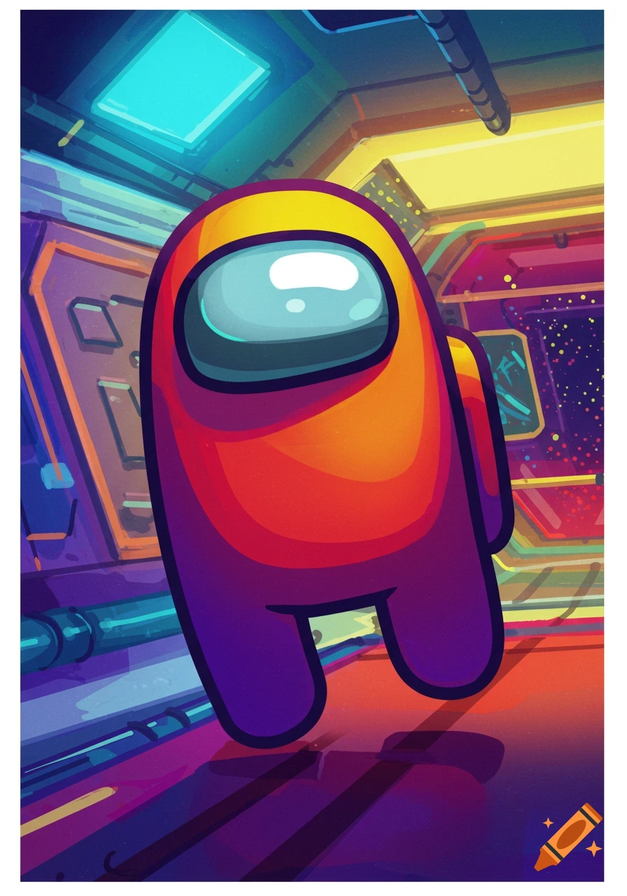 A colorful, stylized rendering of an Among Us character in a futuristic spaceship setting.