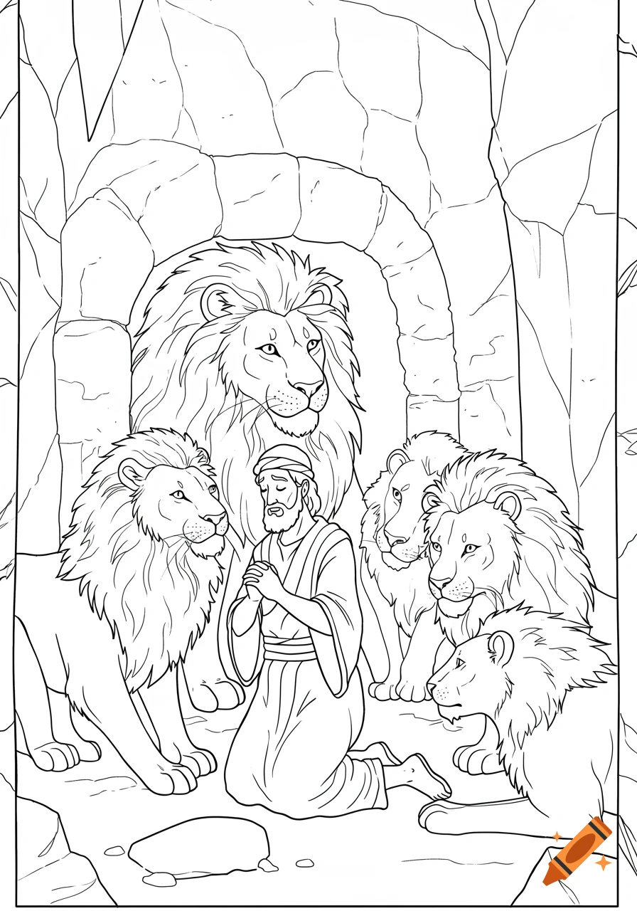 Coloring page of Daniel praying among lions in a den