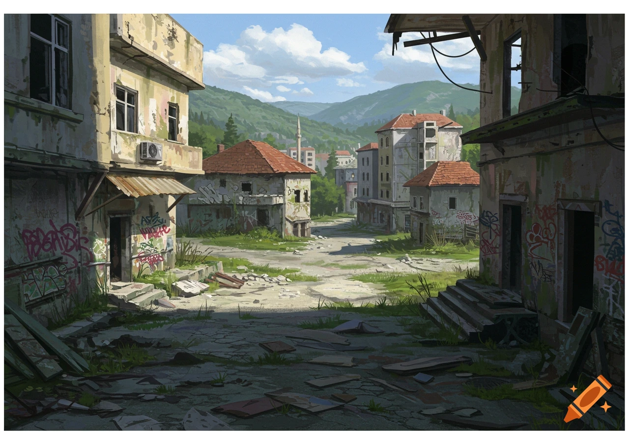 A ruined street scene in a dilapidated town with graffiti-covered buildings and rubble. Hills in the background.