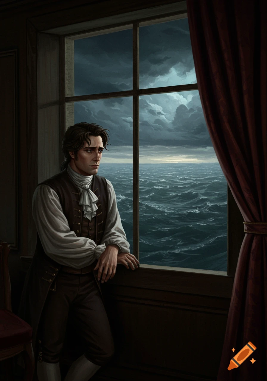 A man in historical clothing looks out a window at a stormy sea.
