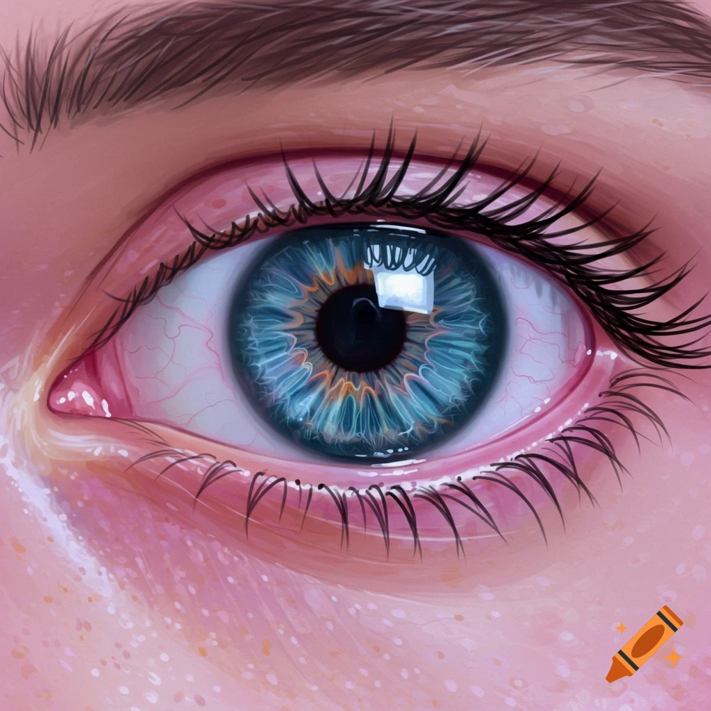 Close-up illustration of a human eye with a blue and violet iris.