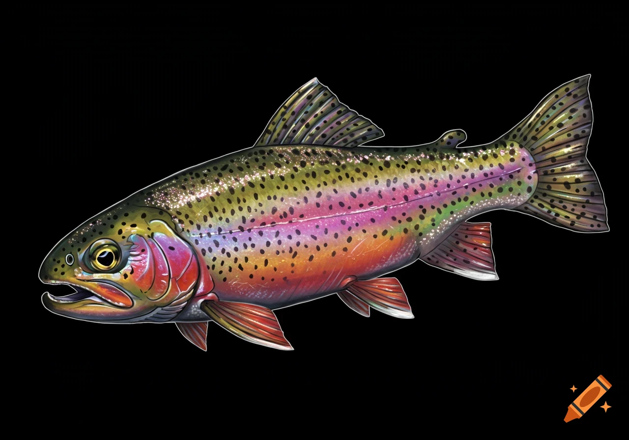 Colorful illustration of a rainbow trout on a black background