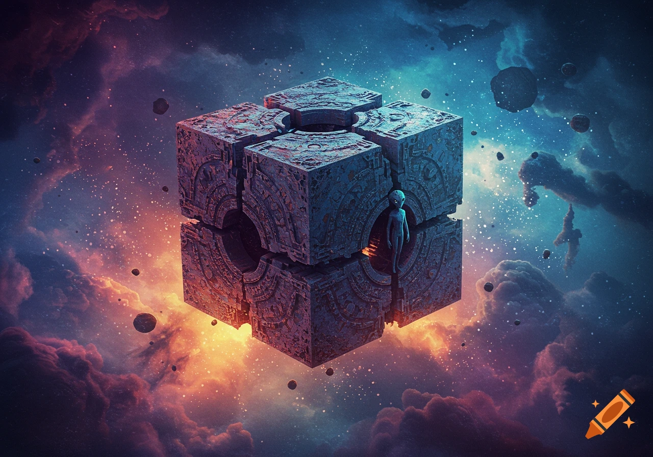A mysterious alien stands in a huge, ancient cubic structure floating in vibrant space nebula with asteroids.