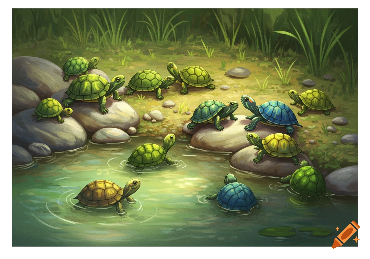 Illustration of many small turtles near rocks and water