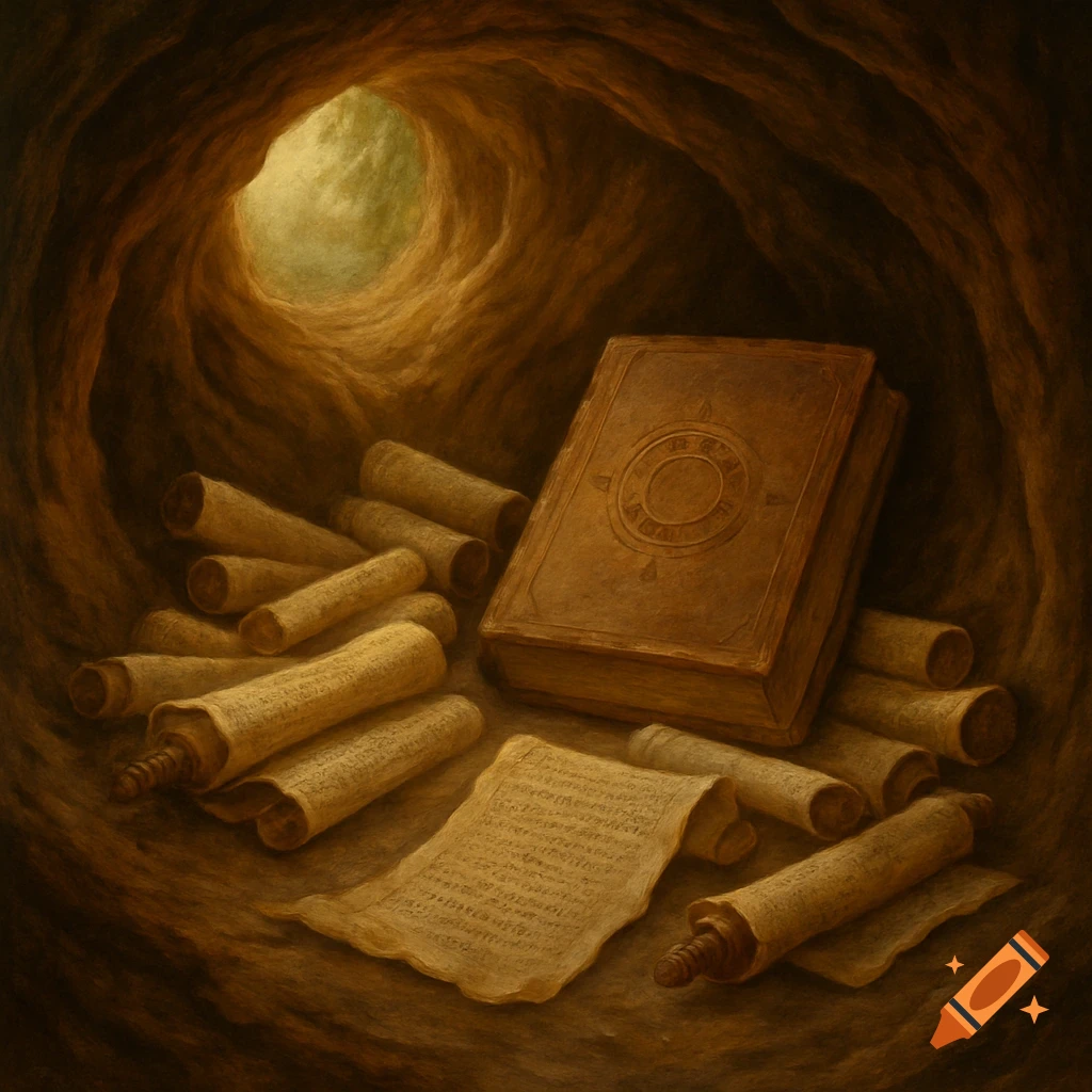 Ancient books and scrolls lie inside a dimly lit cave chamber, painted style.