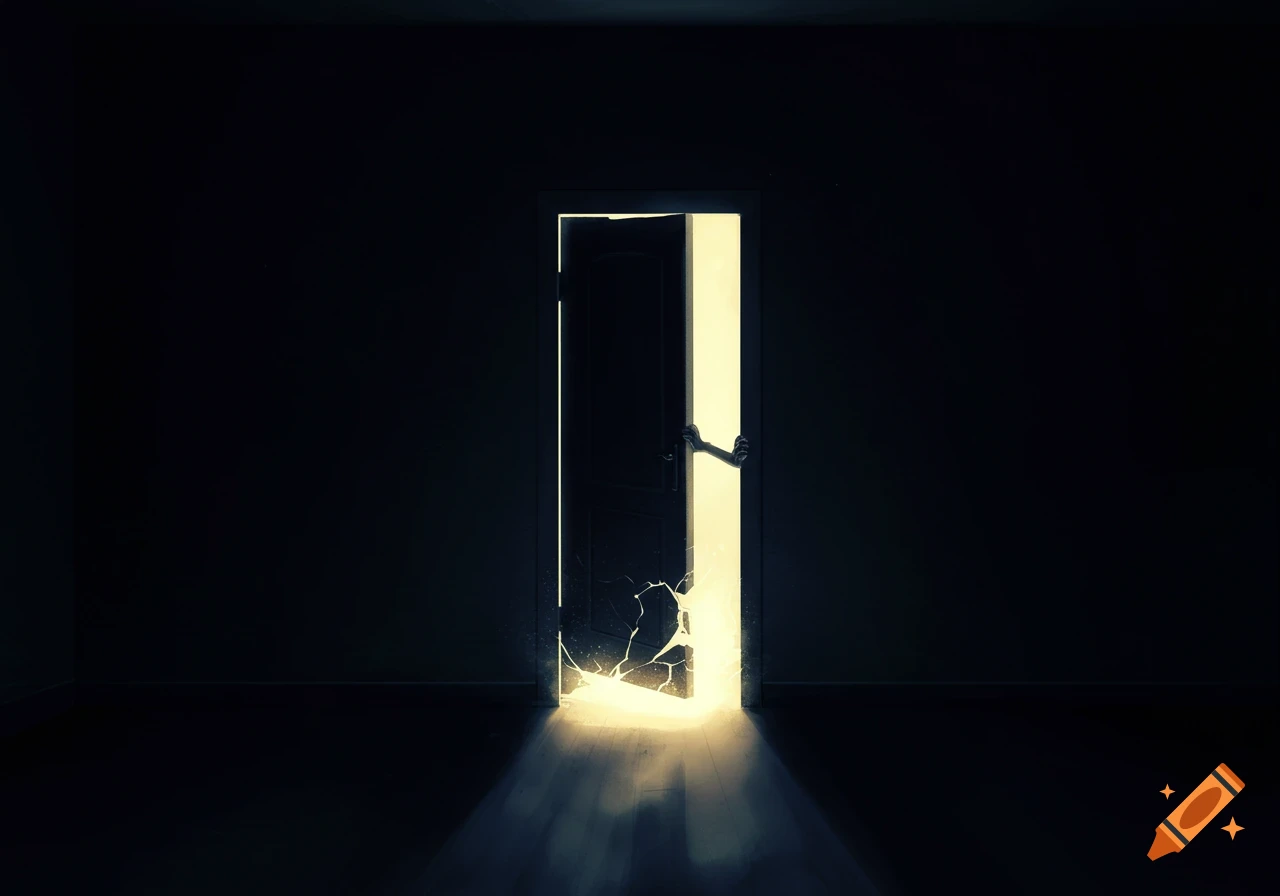 Dark room with a door cracked open, bright light spilling out, and hands reaching from inside.