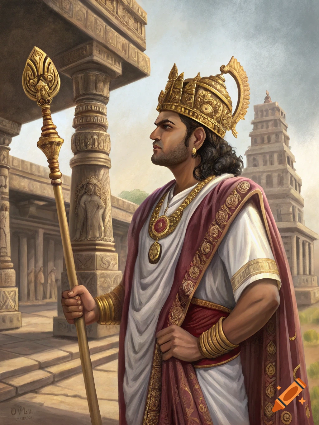 Portrait of a man in ancient Indian royal attire holding a staff in a temple courtyard