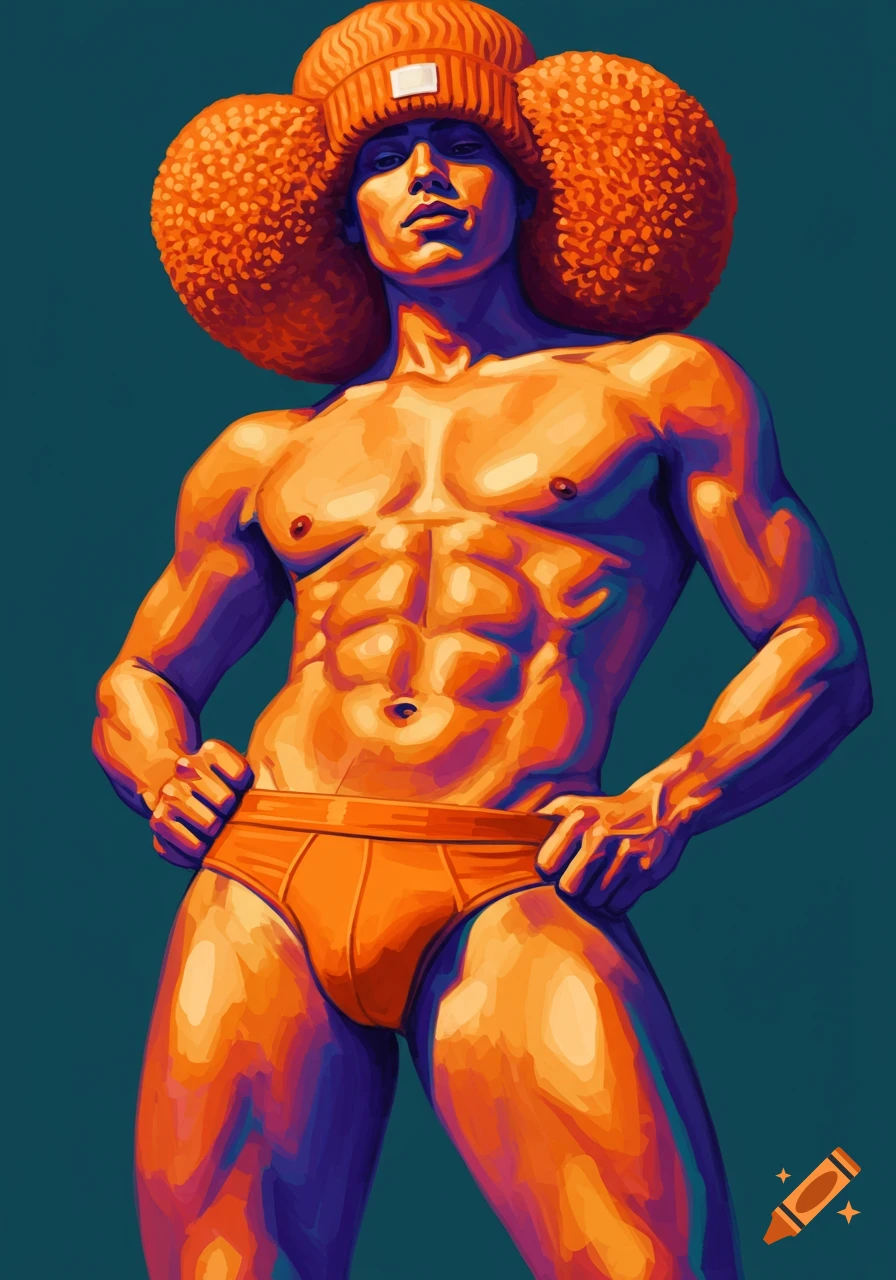 Muscular man in orange briefs and hat, vibrant illustration style