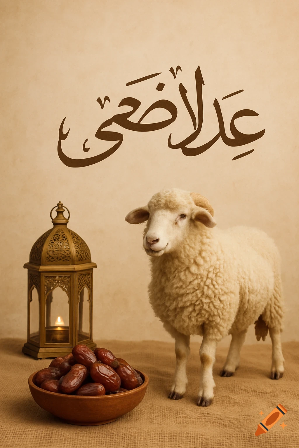 Sheep, lantern, dates, and Arabic calligraphy for Eid al-Adha.