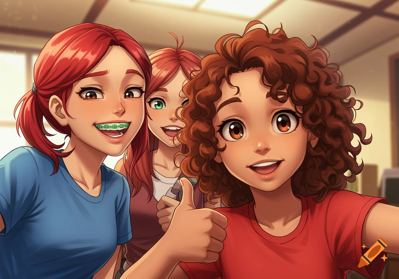 Anime style selfie of three young girls, one with braces gives a thumbs up.