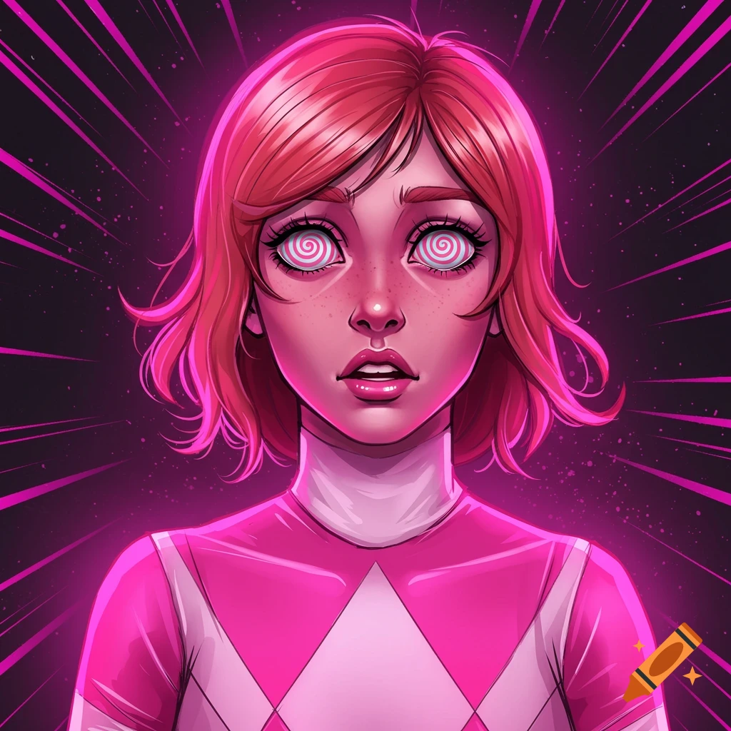 Stylized portrait of a woman in a pink Power Ranger costume with hypnotic spiral eyes.