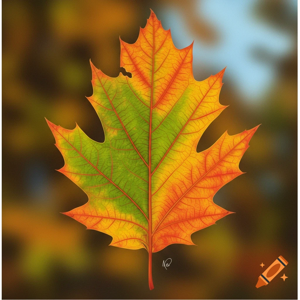 A close-up of a colorful autumn oak leaf against a blurred background.