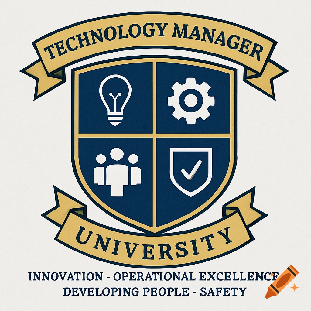 A university crest with text 'Technology Manager University' and symbols for innovation, operations, people, and safety.