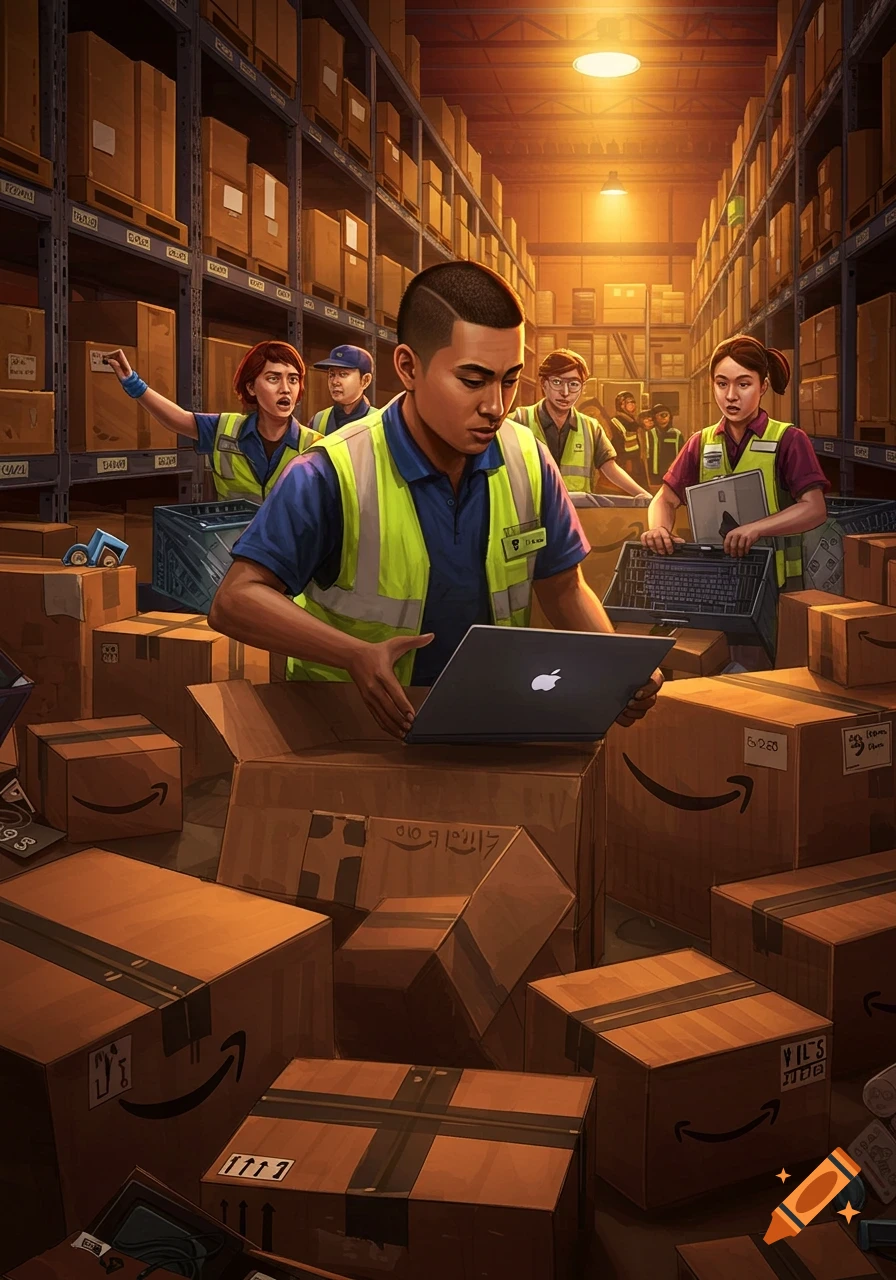 Illustrative scene of warehouse workers among many boxes. One worker looks at a laptop.