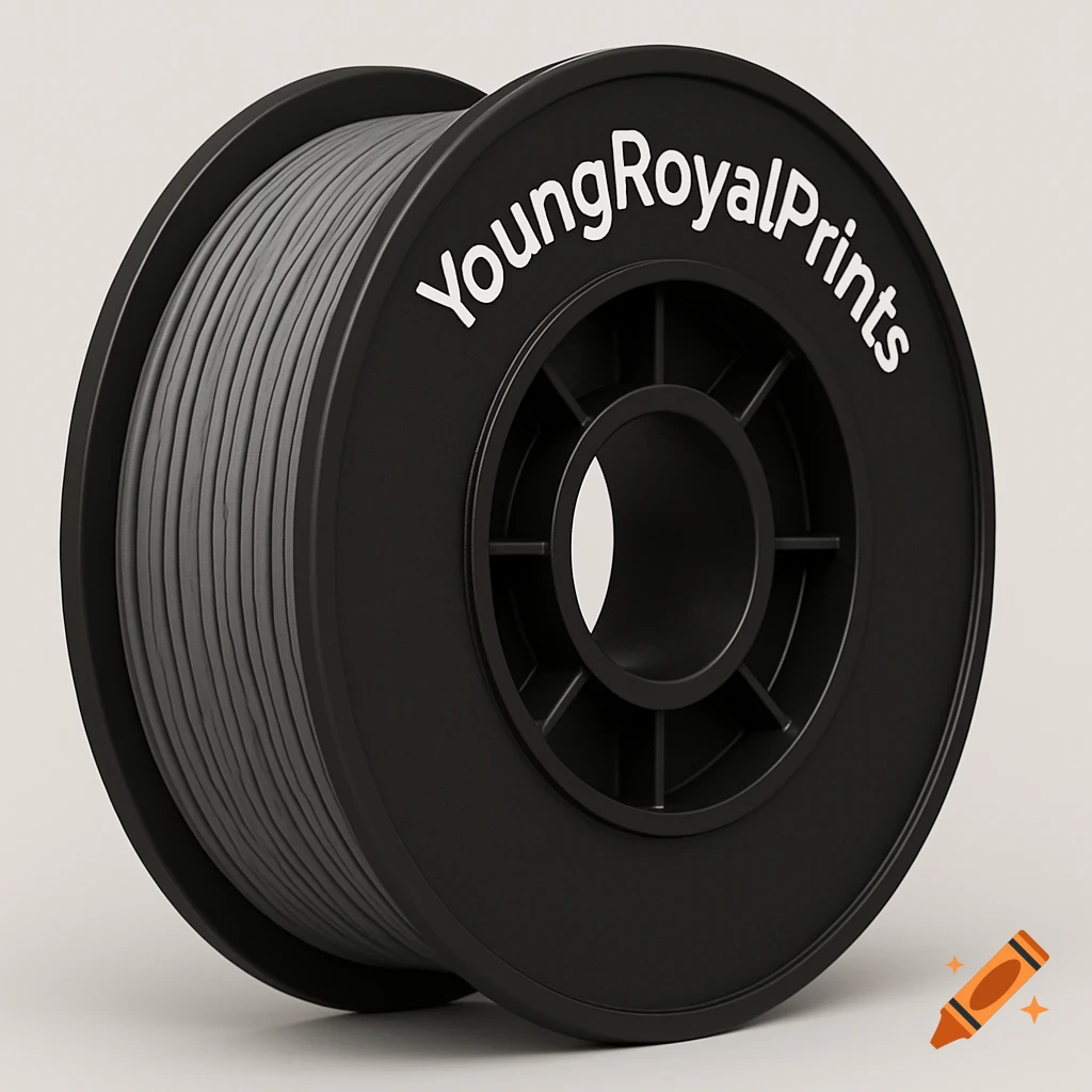 A black 3D printer filament roll with the text YoungRoyalPrints on the side.