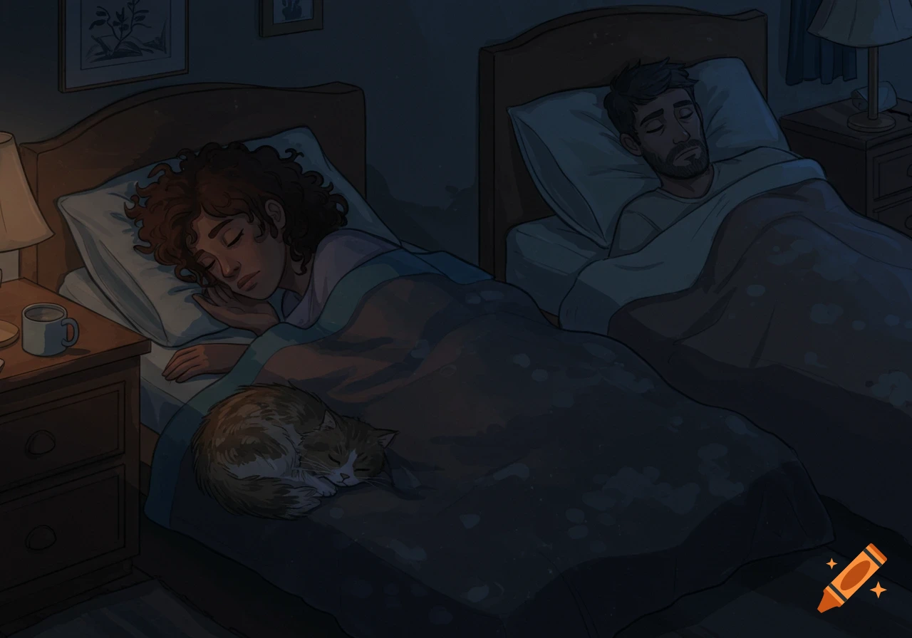 Illustration of a man and woman sleeping in separate beds, with a cat curled up on the woman's bed, in a dim bedroom at night.