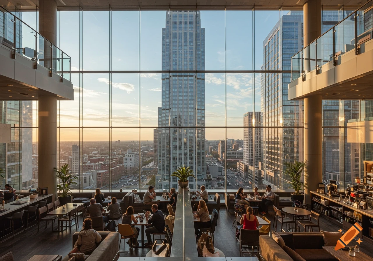 View from a high-rise cafe looking out at a city skyline at sunset.