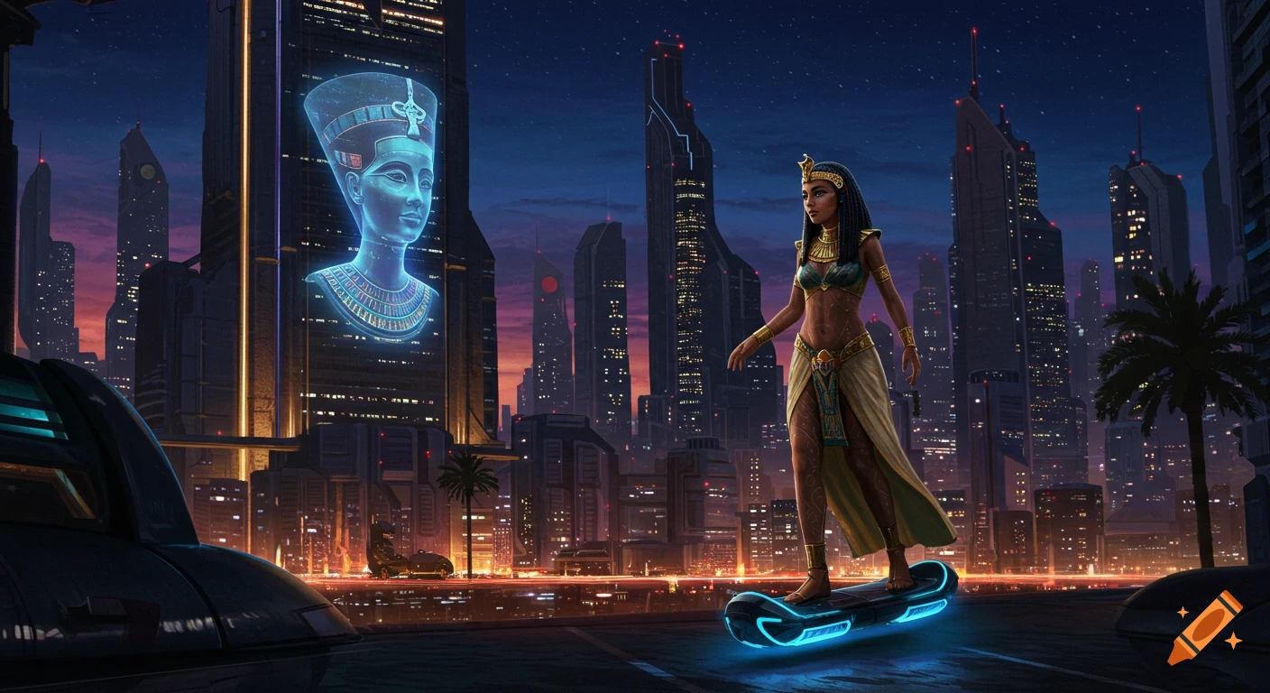 Modern Egyptian queen on a hoverboard in a futuristic city with a Nefertiti hologram on a skyscraper at night.
