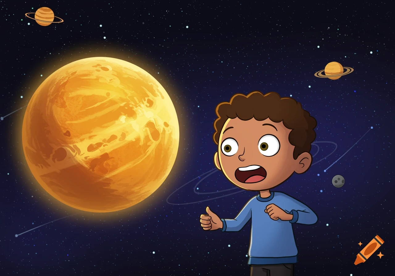 Cartoon boy looking at a large planet in space with other planets and stars.