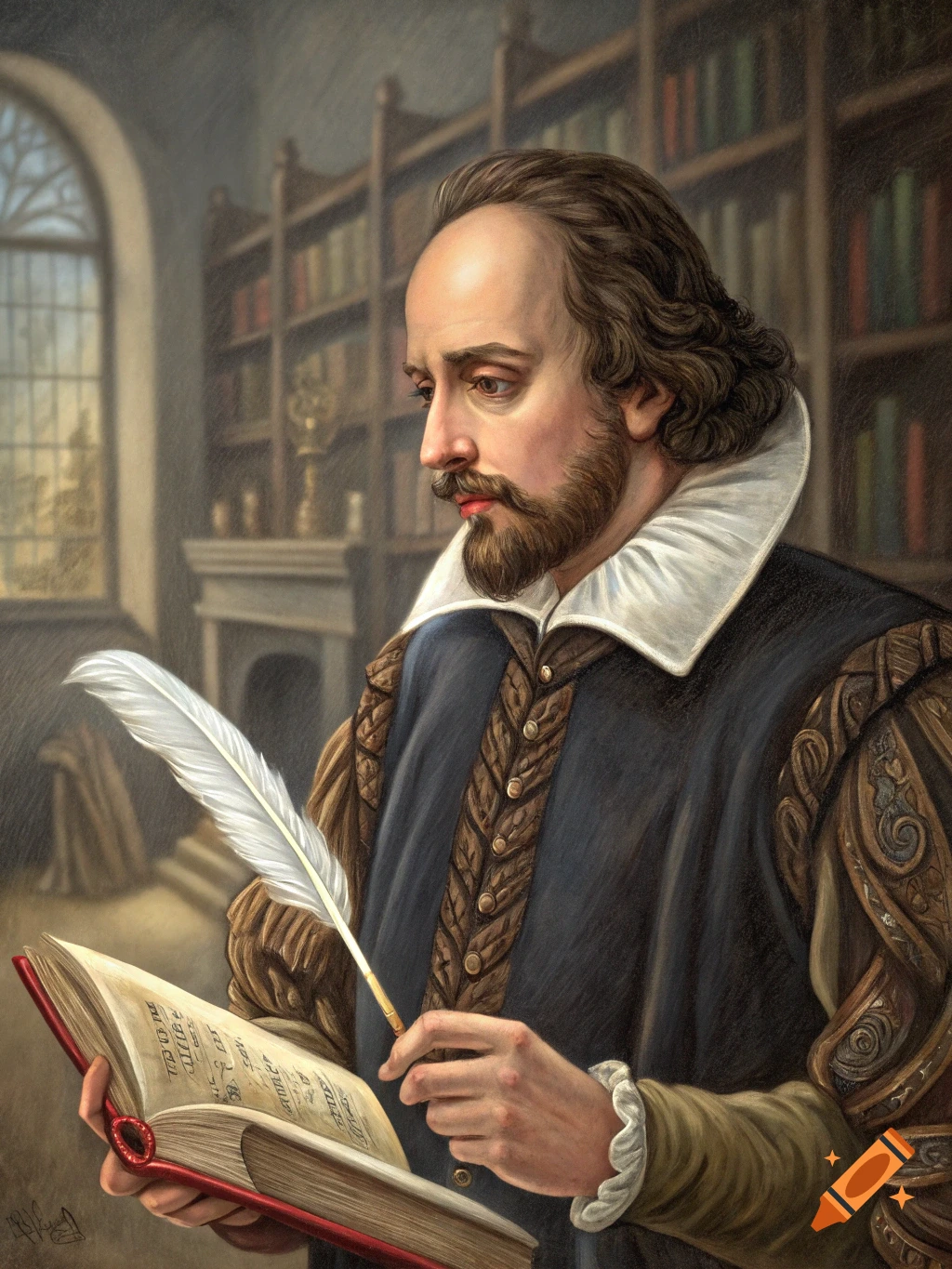 A painted portrait of William Shakespeare writing in a book with a feather quill in a library.