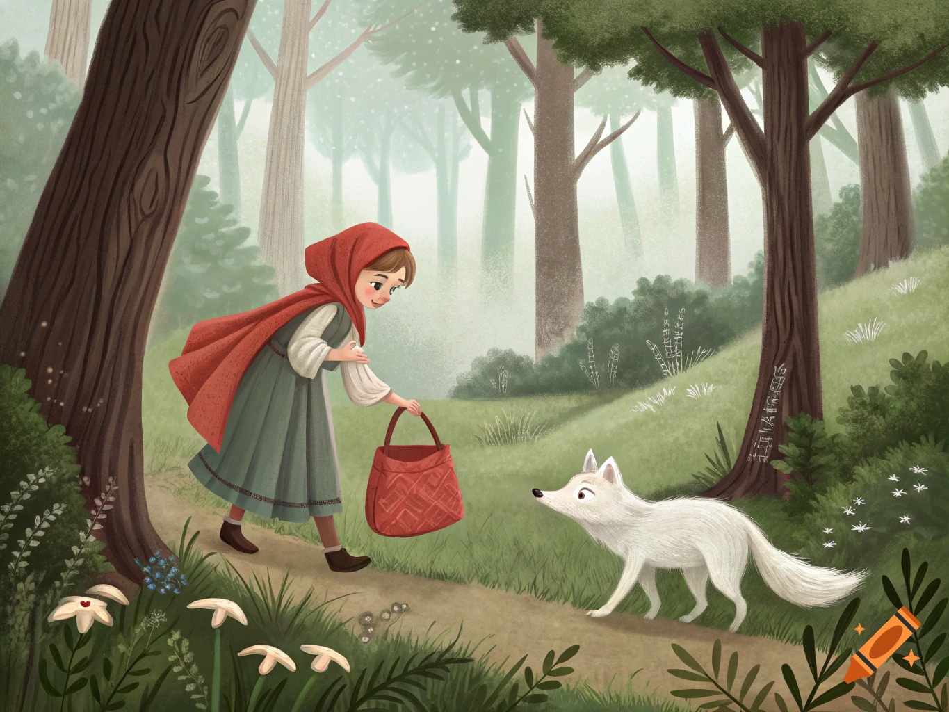 An illustration of a girl in a red hood with a bag meeting a white fox in a forest.