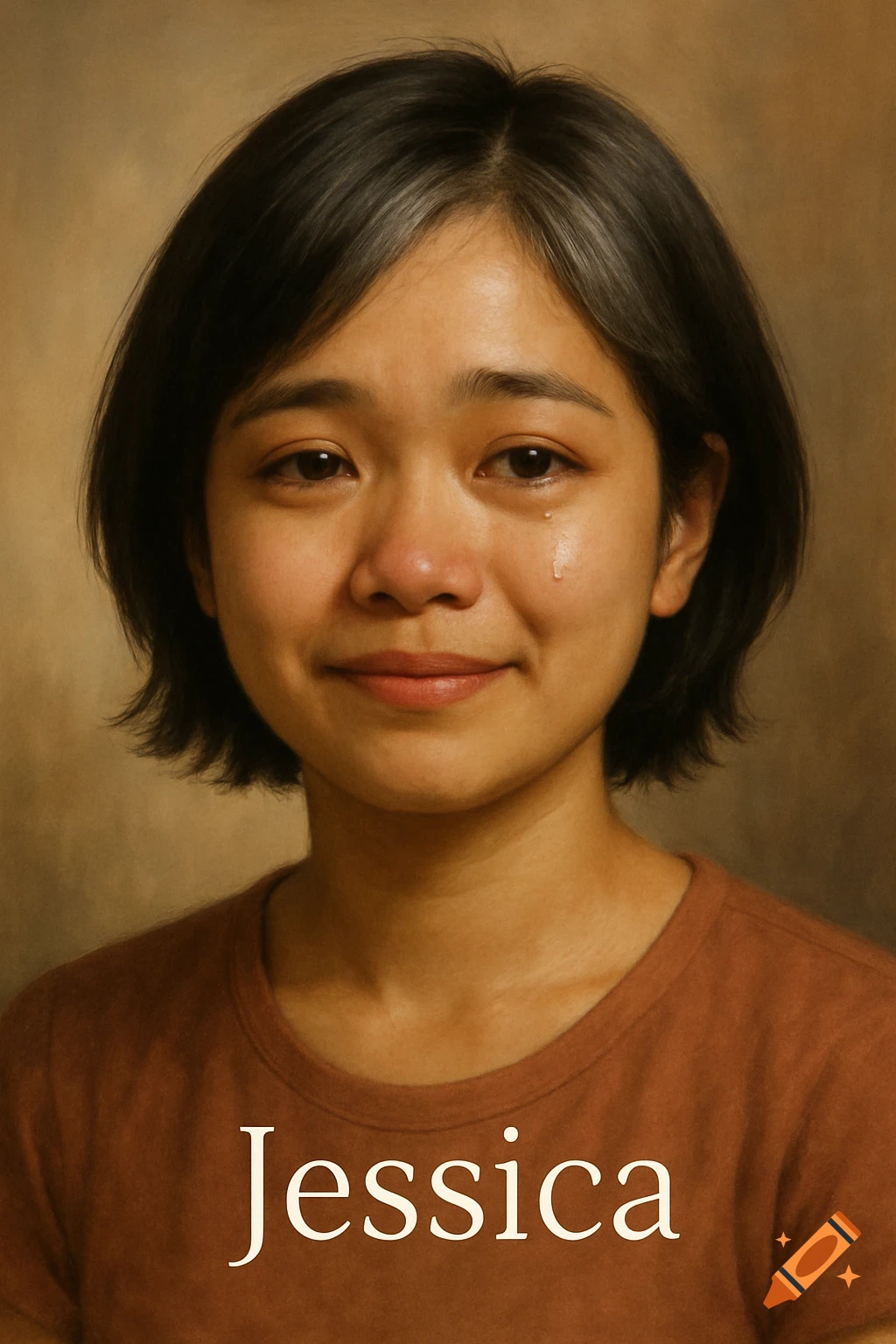 Portrait of a young woman with tears in her eyes. The name Jessica is written at the bottom.
