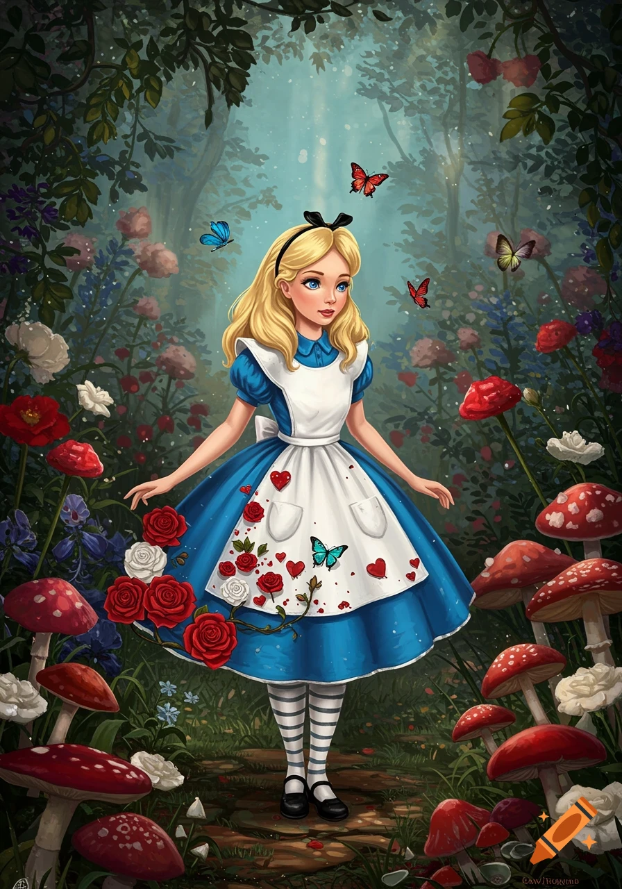 Illustration of Alice in Wonderland in a fantasy garden with large mushrooms, roses, and butterflies.