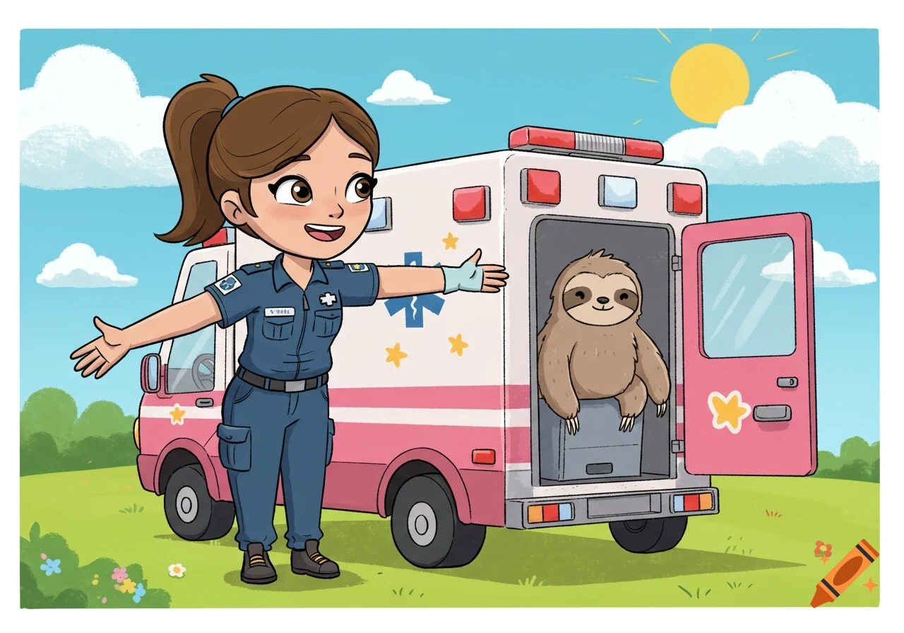 Cartoon of a female EMT standing by an ambulance with a sloth inside.