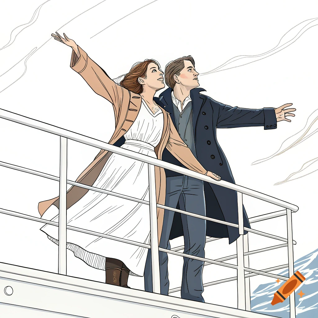 Line drawing of two figures on a ship deck with arms outstretched, inspired by the Titanic movie scene.