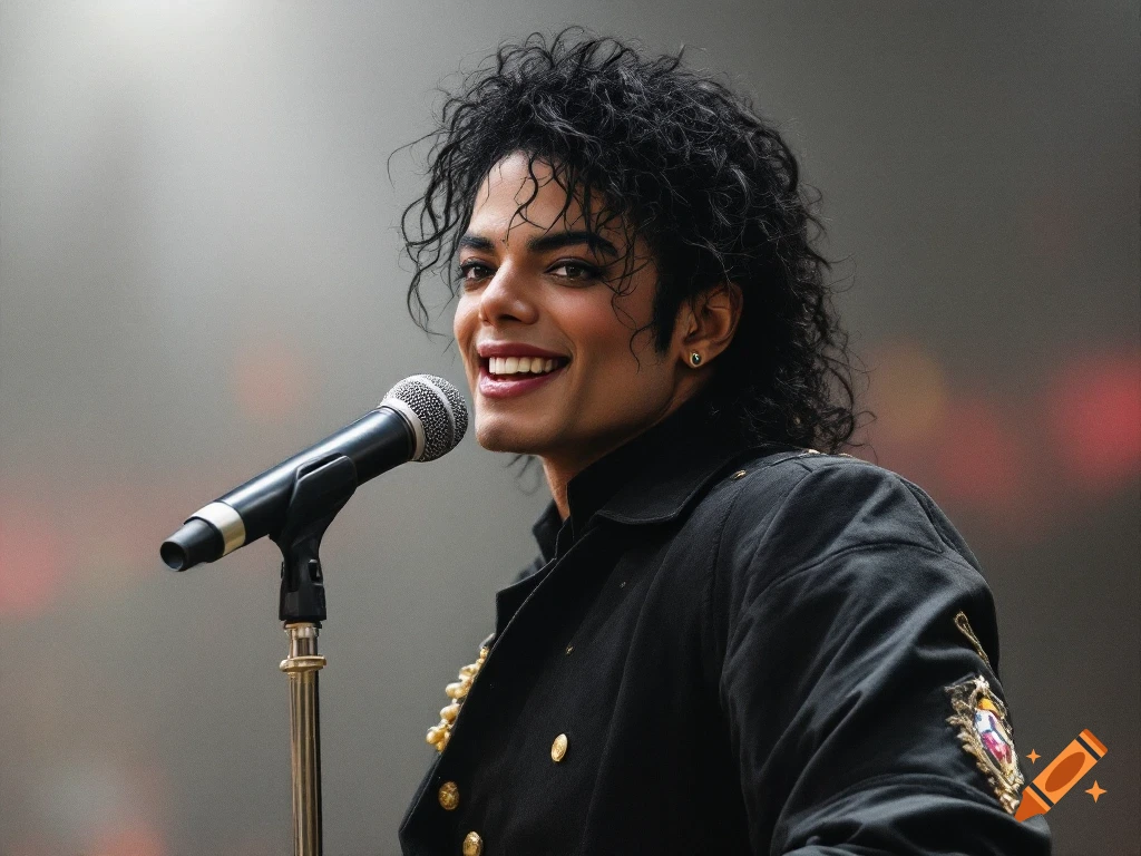 Photorealistic portrait of Michael Jackson singing into a microphone on stage, smiling.