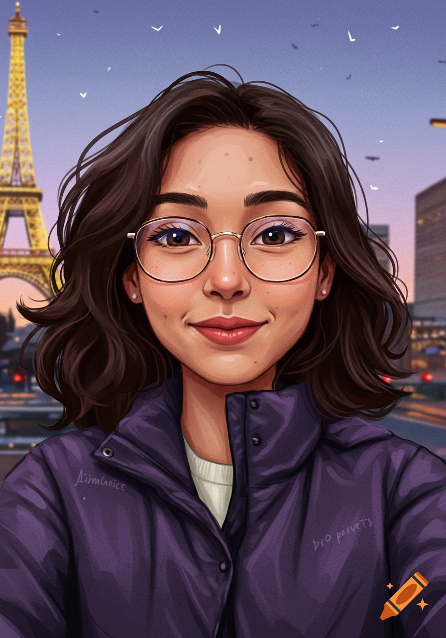 Cartoon portrait of a woman in glasses taking a selfie with the Eiffel Tower behind her at sunset.