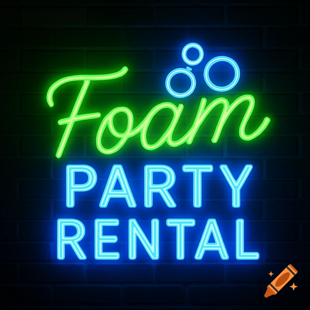 Neon sign on brick wall reads 'Foam Party Rental' in green and blue