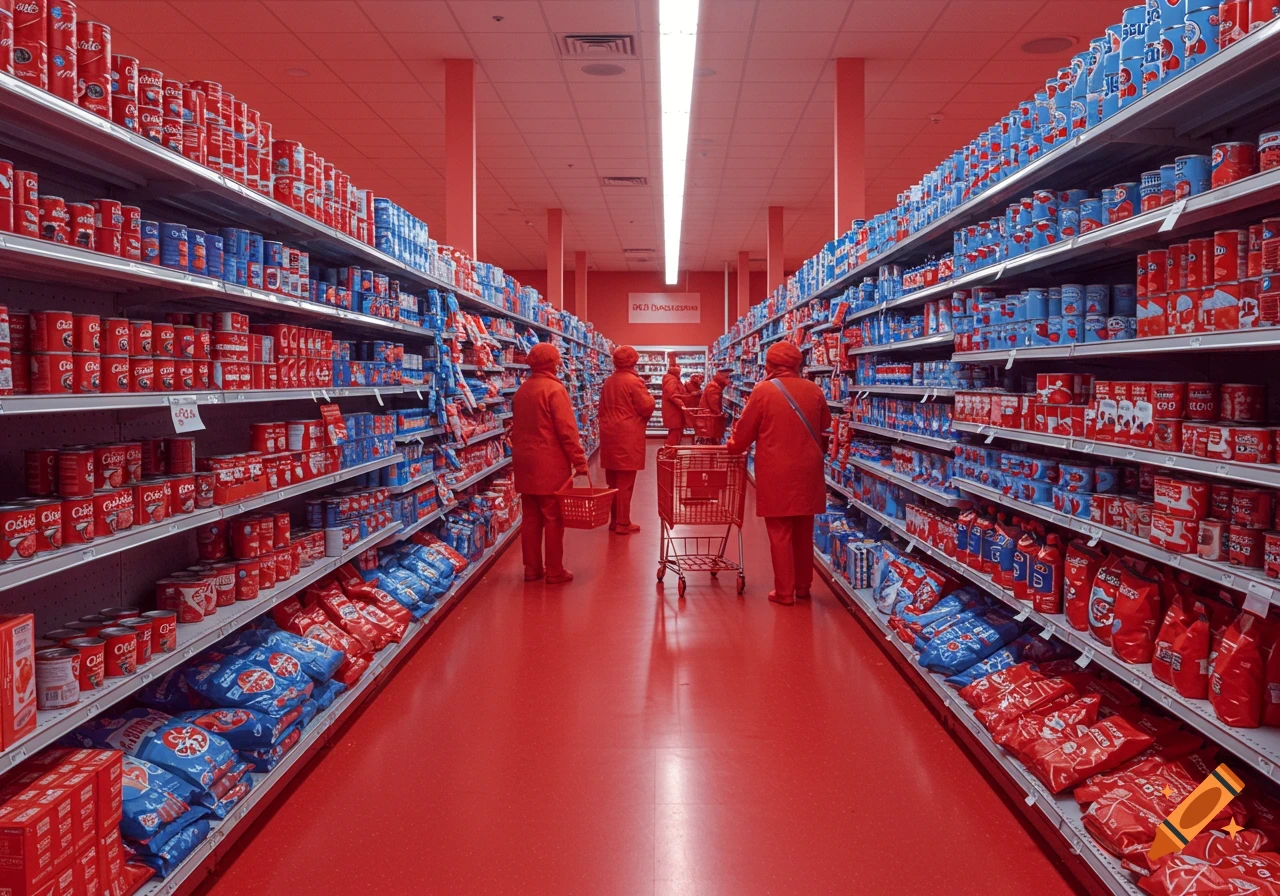 A grocery store aisle with red floors and shelves stacked with red and blue products. Several shoppers in red walk down the aisle.