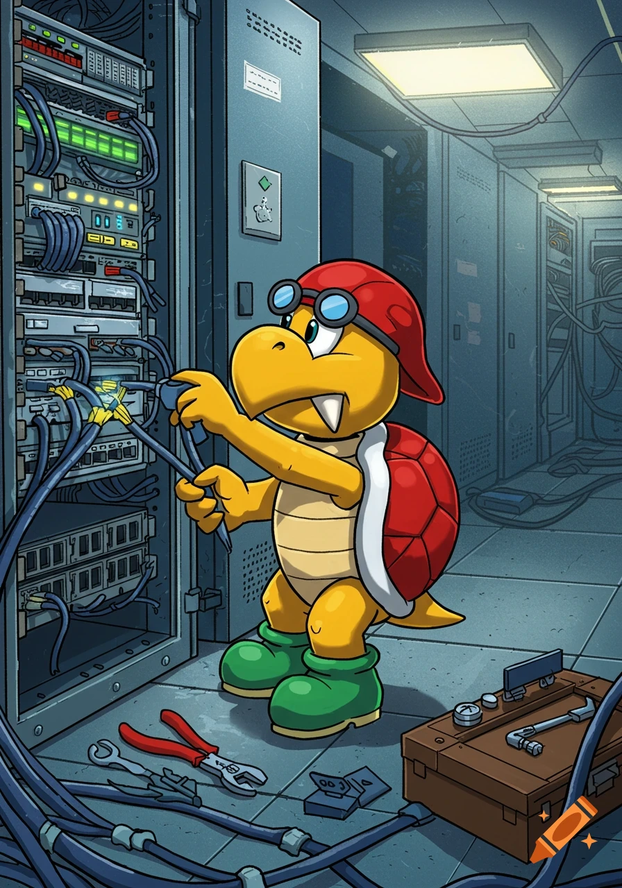 Cartoon Koopa Troopa in red hat and goggles working on server racks with cables and tools