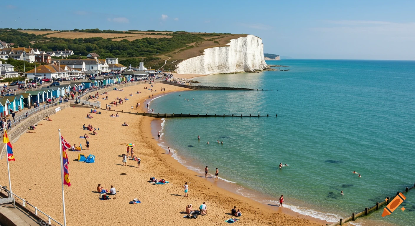 A crowded sandy beach below white cliffs with people swimming, sunbathing, and colorful beach huts lining the shore on a sunny day.