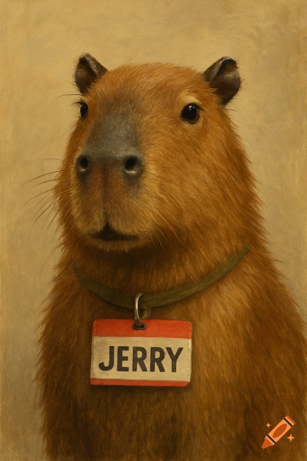 Portrait painting of a capybara wearing a collar with a name tag that says JERRY