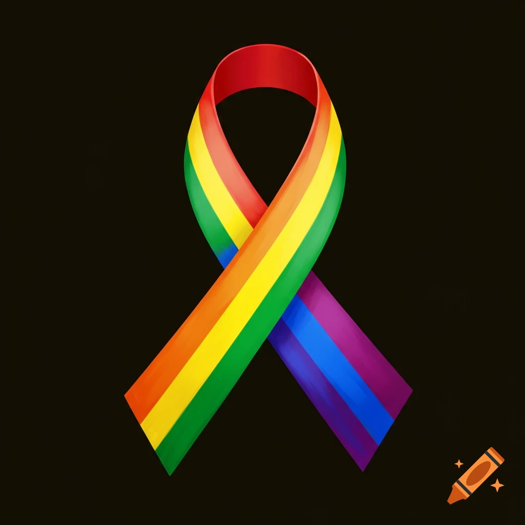 A rainbow ribbon tied into a loop, symbolizing pride, on a dark background.