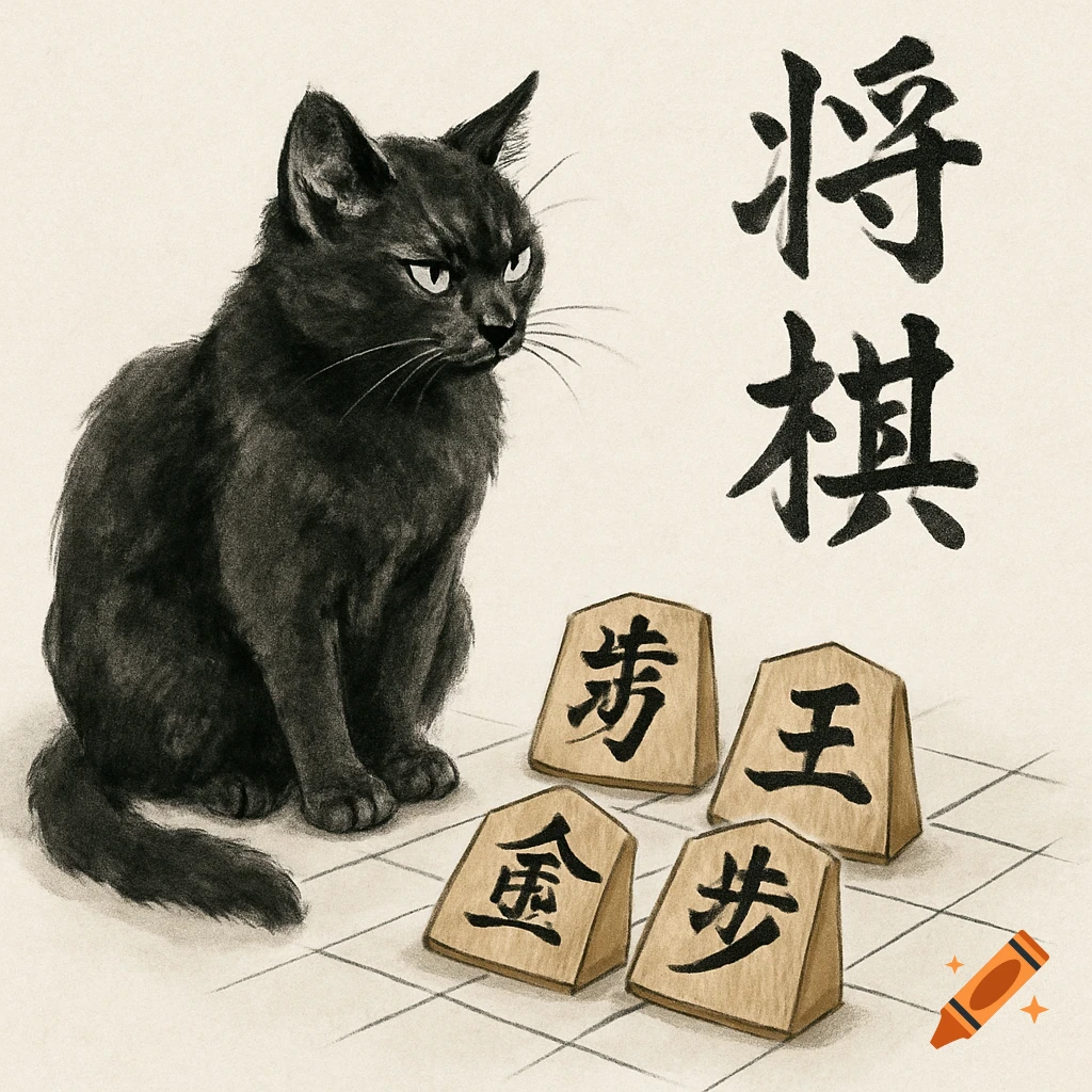 Sumi-e style drawing of a black cat sitting next to Shogi pieces with Japanese characters.
